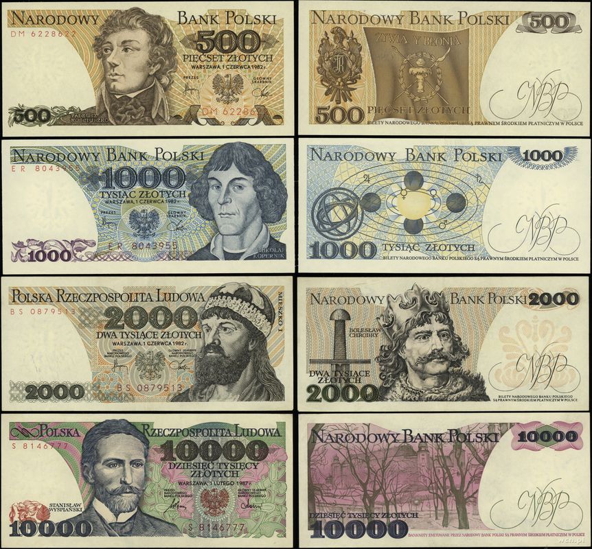 Polska, zestaw 4 banknotów, 1982–1987