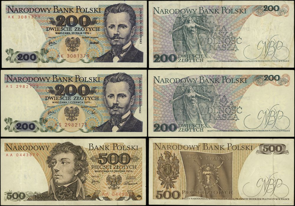 Polska, zestaw 3 banknotów, 1974–1979