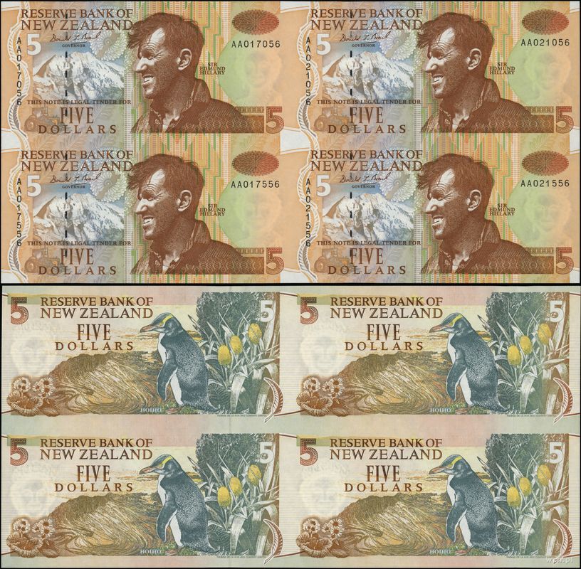 Nowa Zelandia, zestaw 4 nierozciętych banknotów o nominale 5 dolarów, 1992