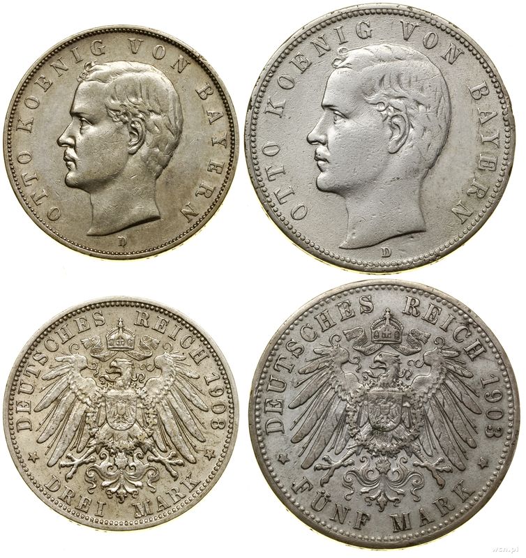 Niemcy, zestaw: 5 marek i 3 marki, 1903 i 1908