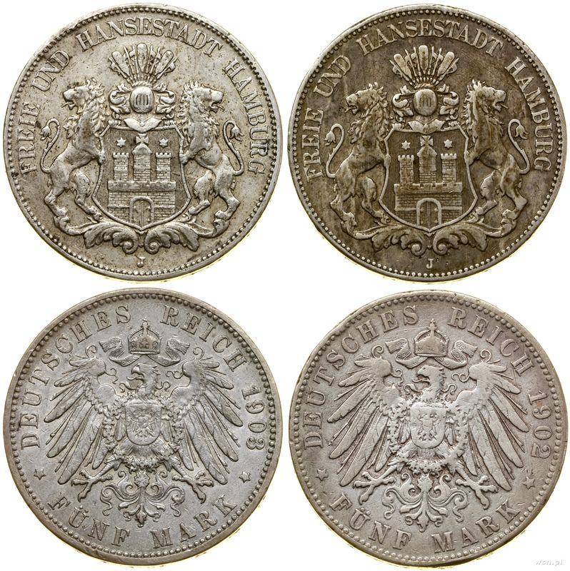 Niemcy, zestaw: 2 x 5 marek, 1902 i 1903