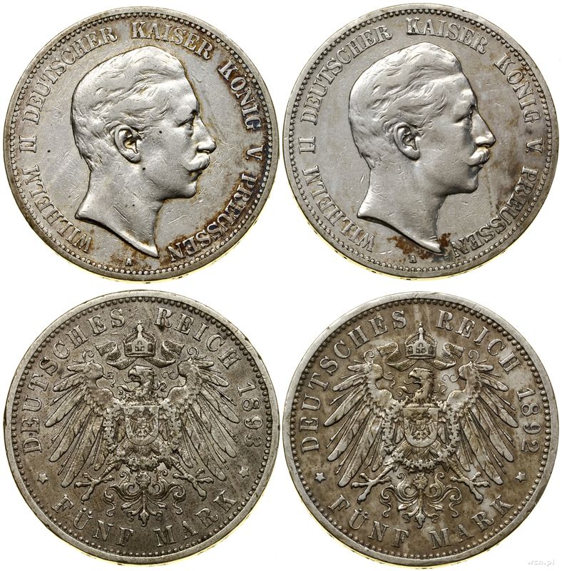 Niemcy, zestaw: 2 x 5 marek, 1892 i 1893