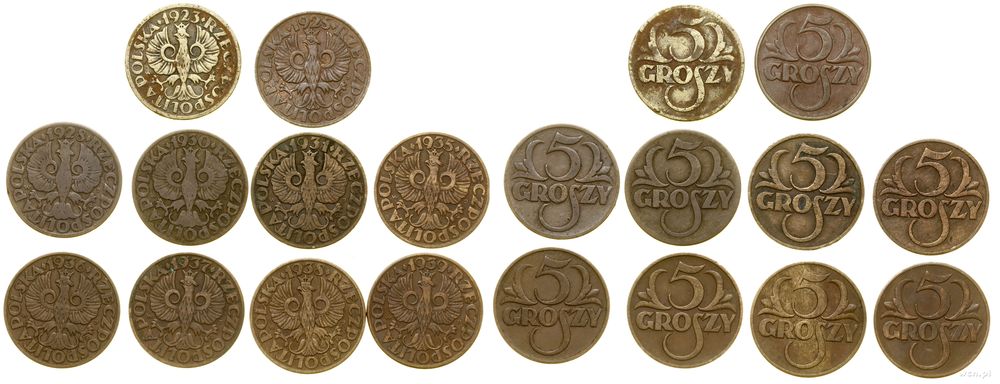 Polska, zestaw: 10 x 5 groszy, 1923–1939