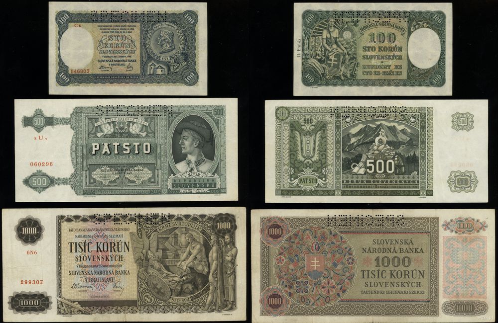 Słowacja, zestaw 3 banknotów (SPECIMEN), 1940–1941