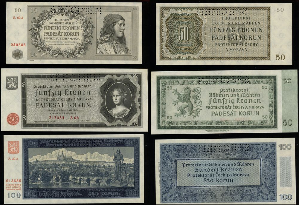 Protektorat Czech i Moraw (1939–1945), zestaw 3 banknotów (SPECIMEN), 1940–1944