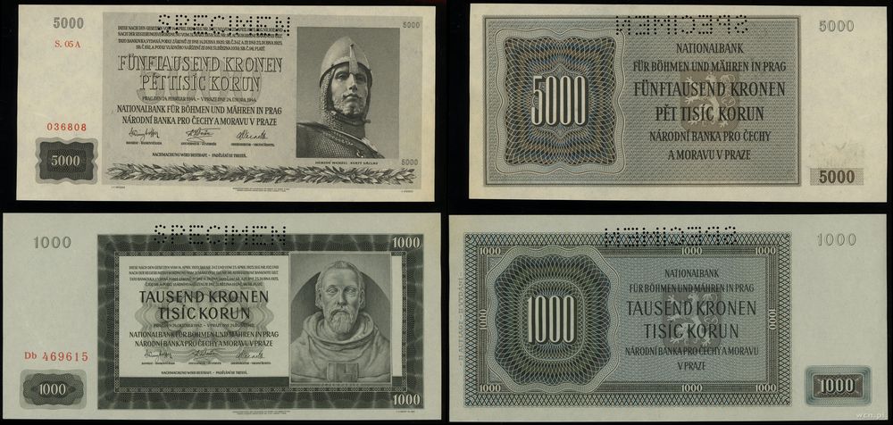 Protektorat Czech i Moraw (1939–1945), zestaw 2 banknotów (SPECIMEN), 1942–1944