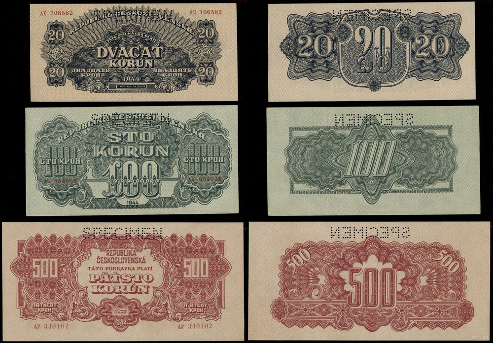Czechosłowacja, zestaw 3 banknotów (SPECIMEN), 1944