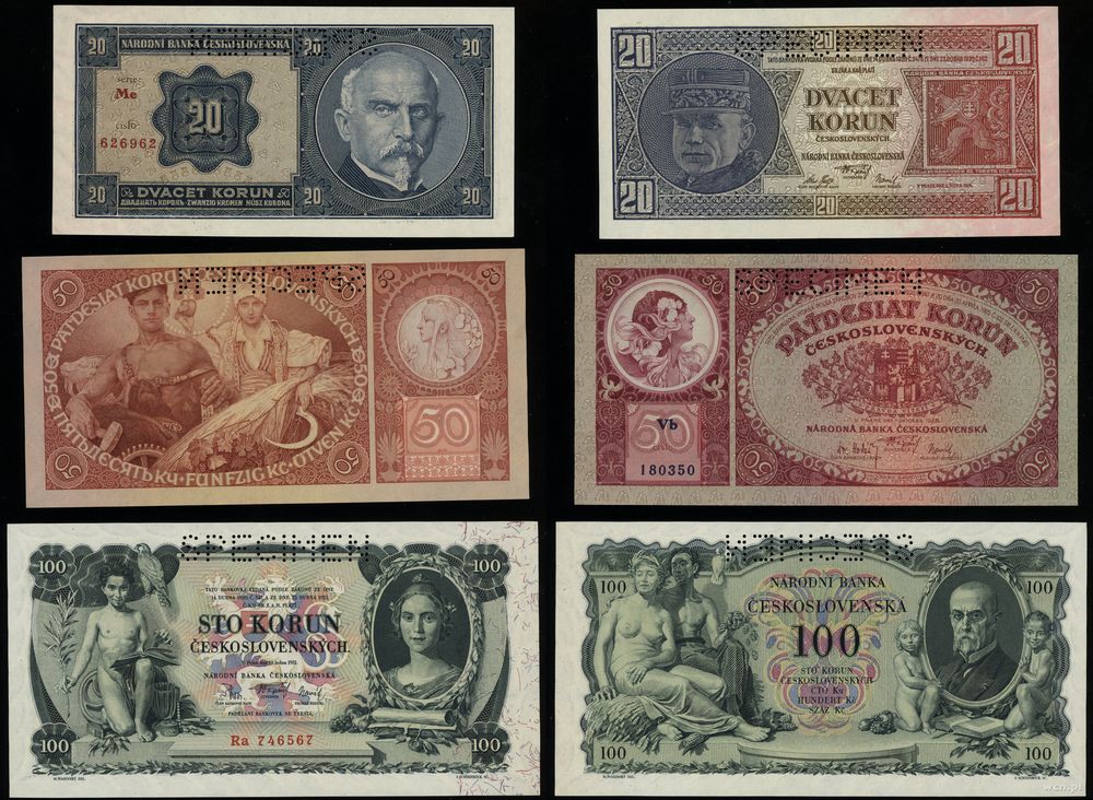 Czechosłowacja, zestaw 3 banknotów (SPECIMEN), 1926–1931