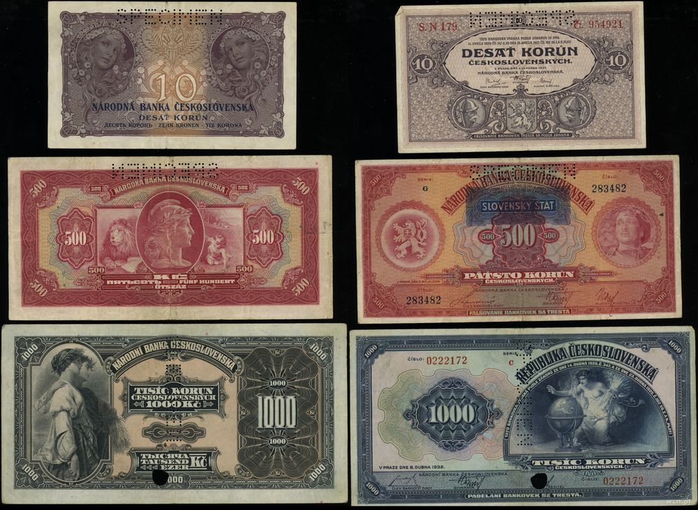 Czechosłowacja, zestaw 3 banknotów (SPECIMEN), 1927–1932