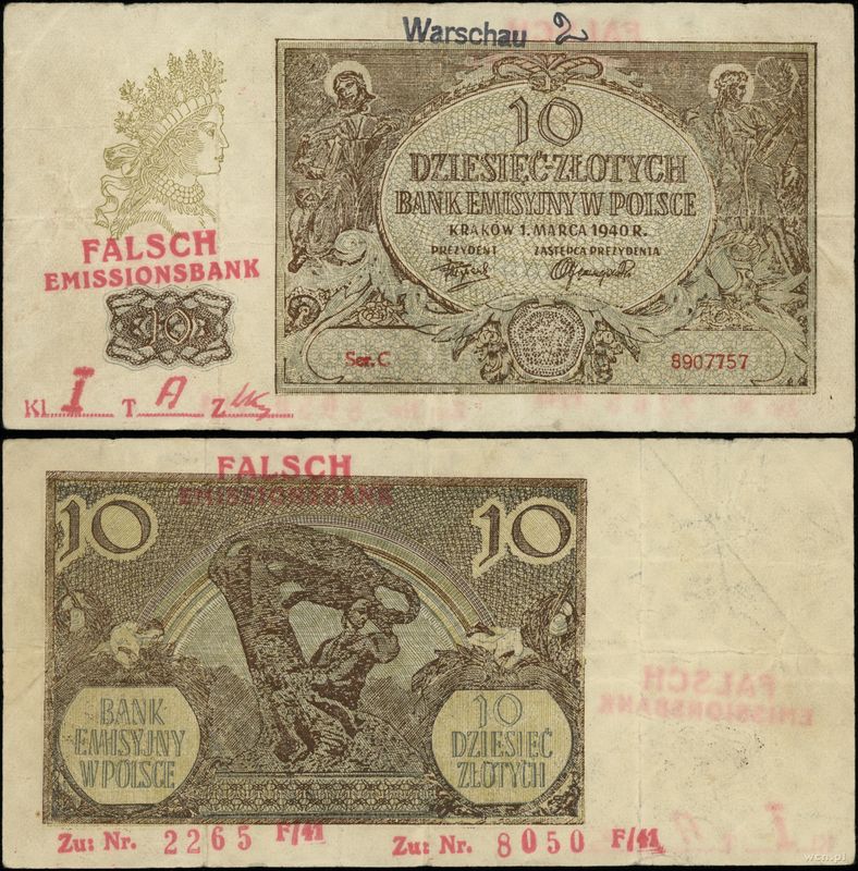 Polska, 10 złotych (fałszerstwo z epoki klasy I), 1.03.1940