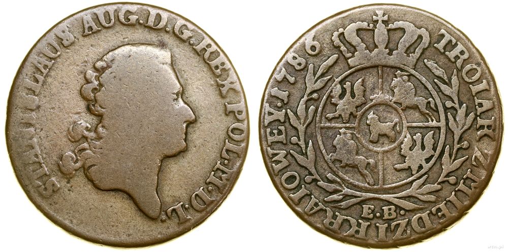 Polska, trojak z miedzi krajowej, 1786 EB