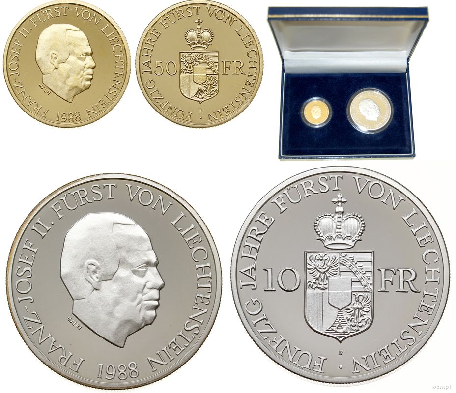 Liechtenstein, zestaw: 50 i 10 franków, 1988