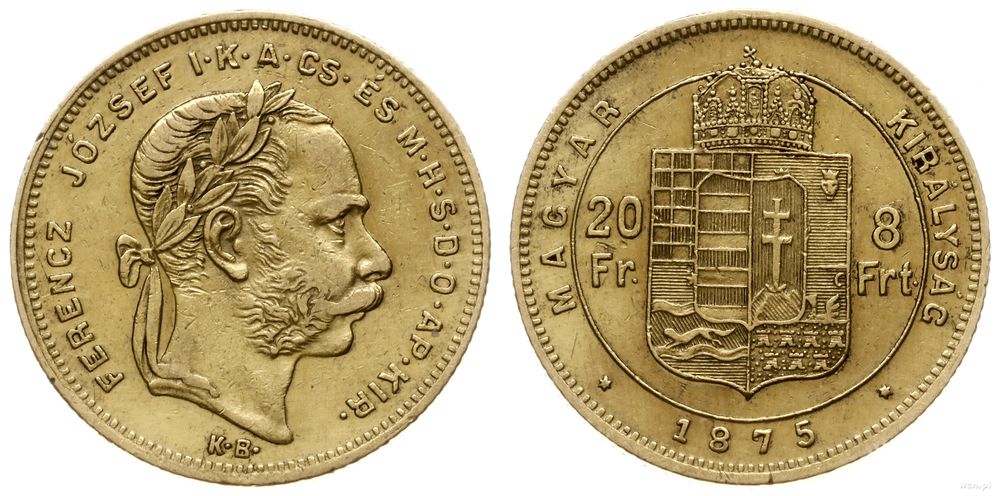 Węgry, 20 franków = 8 forintów, 1875 KB