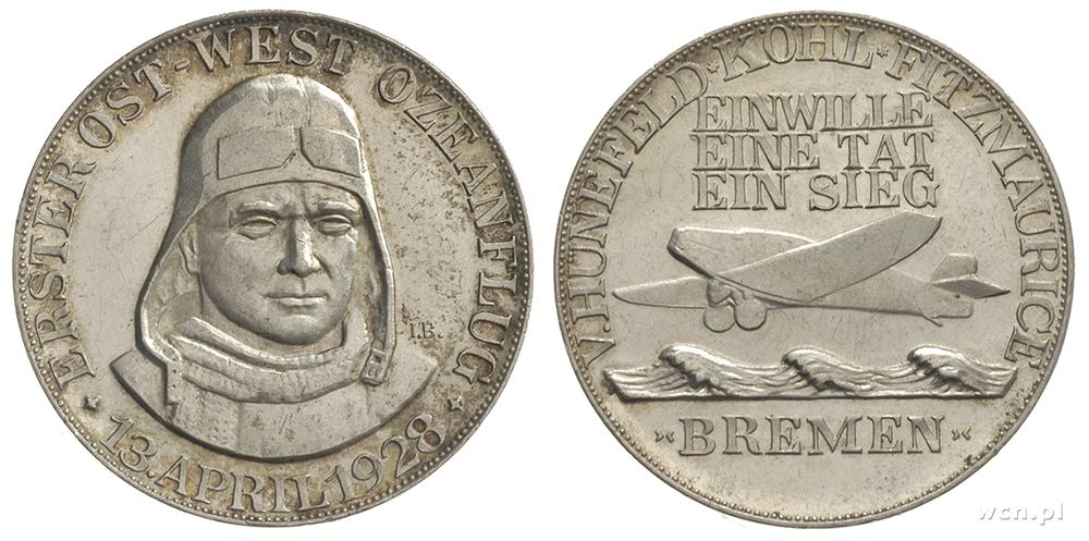 Niemcy, Przelot nad Atlantykiem ze wschodu na zachód, medal sygnowany I. B.,.., 1928