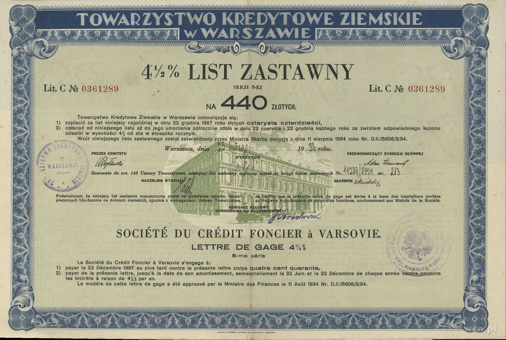 Polska, 4 1/2 % List Zastawny 5 serii Towarzystwa Kredytowego Ziemskiego w Warszawie na 440 złotych, 25 lutego 1936