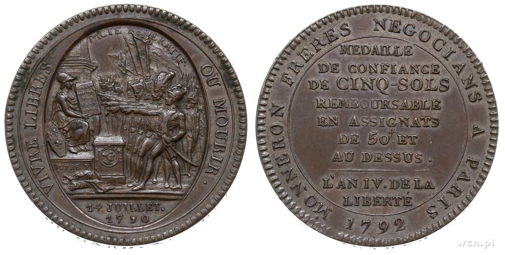 Francja, medal sygnowany DUPRE F wartości 5 sou 1792, Aw: W owalu scena przysięgi, ..