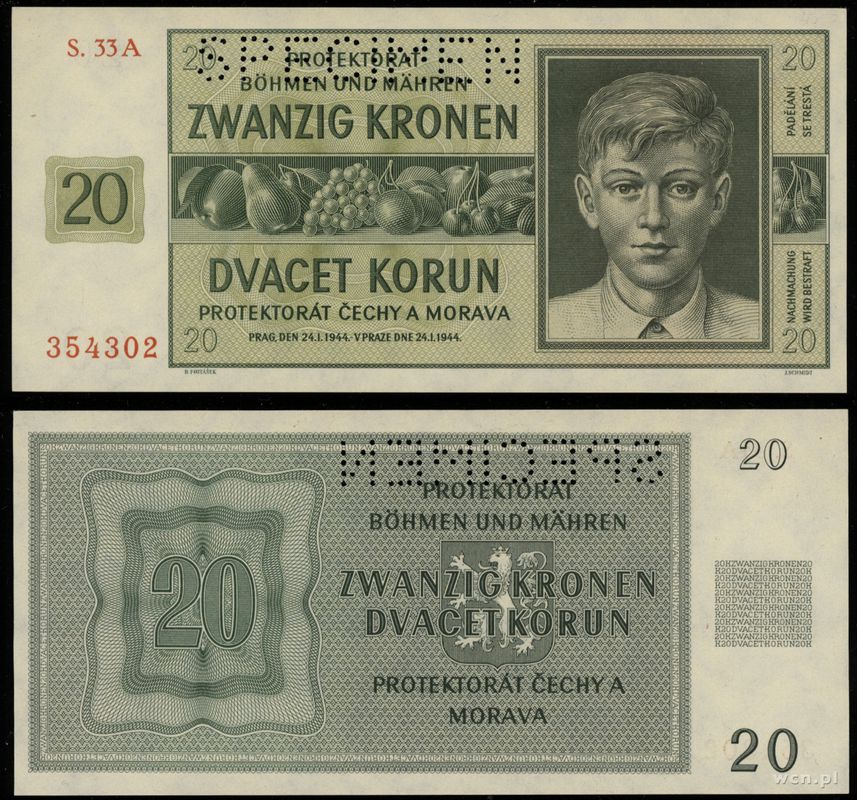 Protektorat Czech i Moraw 1939-1945, 20 koron, 24.01.1944