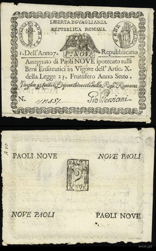 Włochy, asygnata Republica Romana 9 Paoli, roku 6 republiki