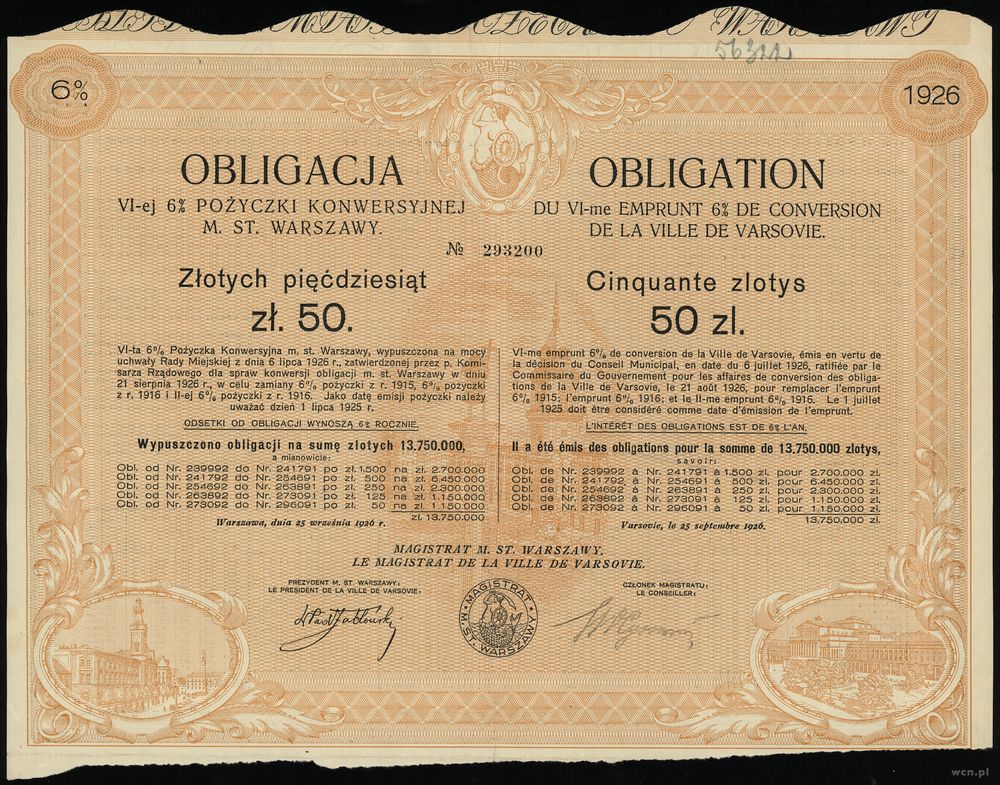 Rzeczpospolita Polska 1918-1939, VI-ta 6% Pożyczka Konwersyjna M. St. Warszawy, obligacja na 50 złotych, Wa..