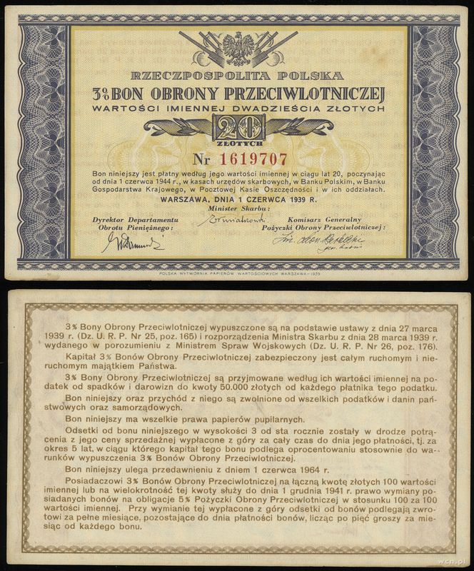 Polska, bon na 20 złotych, 1.06.1939