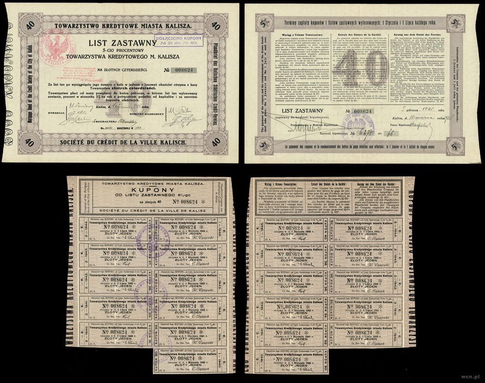 Polska, list zastawny 5-cio procentowy na 40 złotych z 11 kuponami na oddzielnym arkuszu, 1925