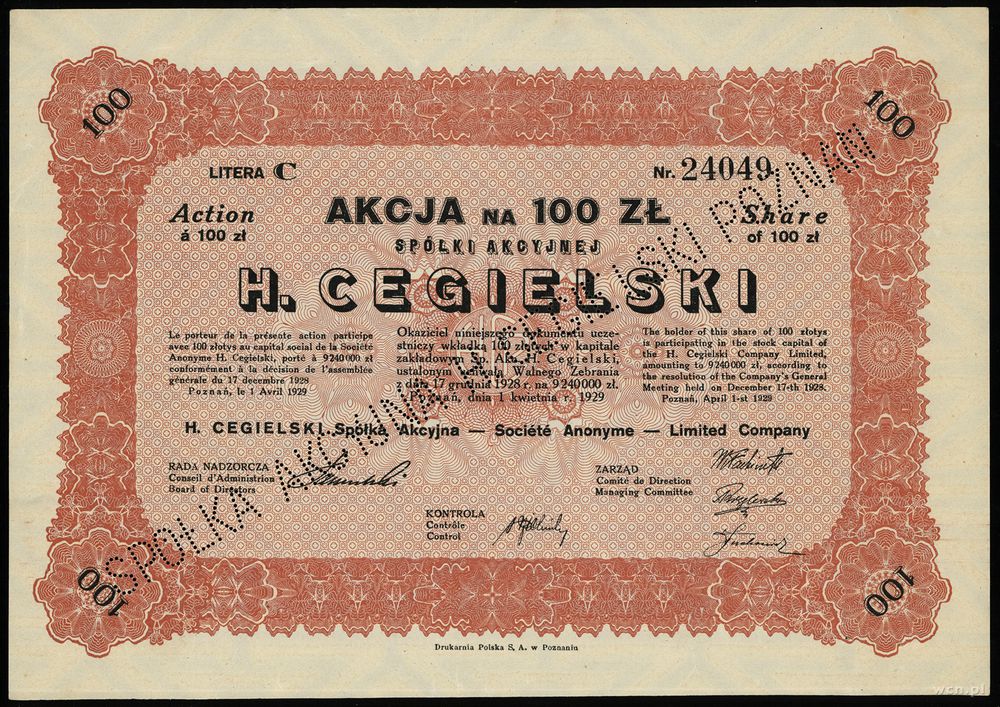 Polska, 1 akcja na 100 złotych, 01.04.1929