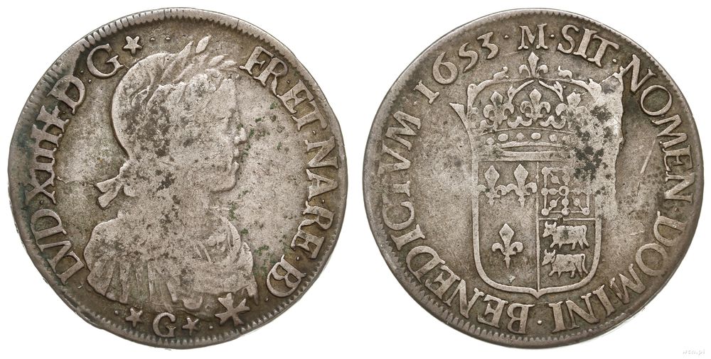 Francja, ecu de France et du Béarn à la mèche longue, 1653