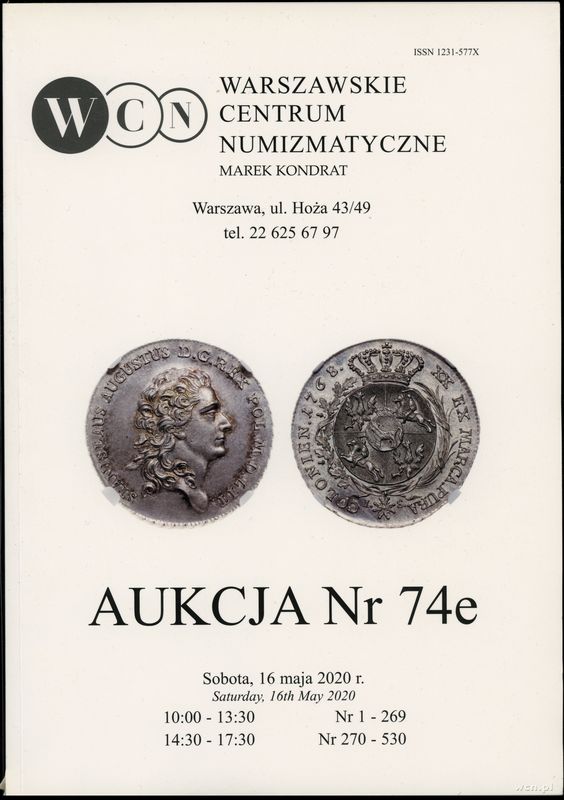 literatura numizmatyczna, Katalog aukcji WCN nr 74e, Warszawa 16.05.2020, ISSN 1231-577X
