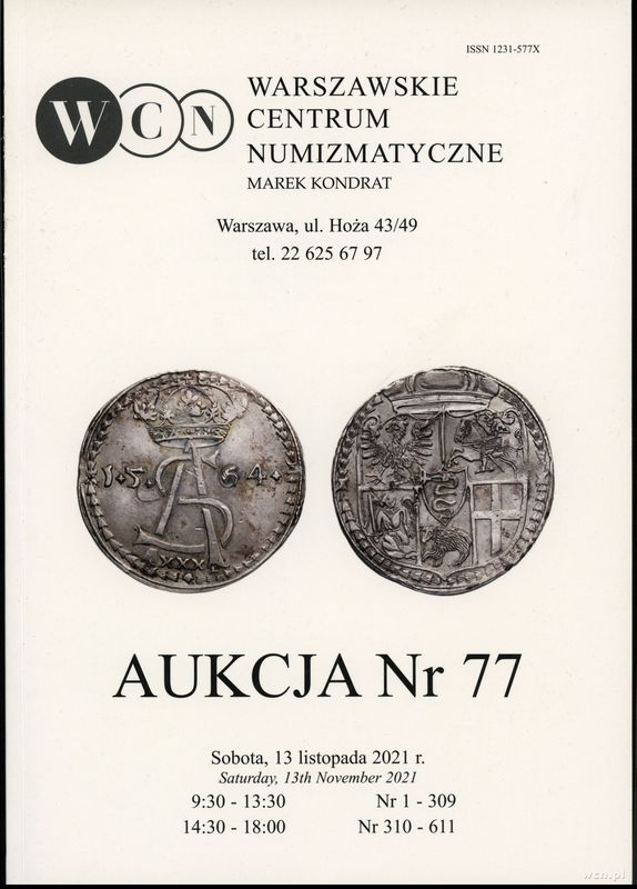 literatura numizmatyczna, Katalog aukcji WCN nr 77, Warszawa 13.11.2021, ISSN 1231-577X