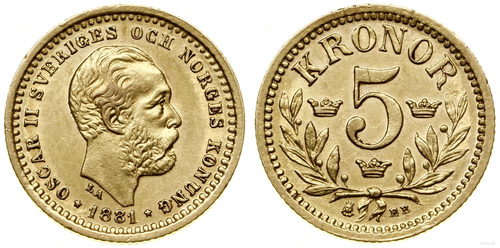 Szwecja, 5 koron, 1881