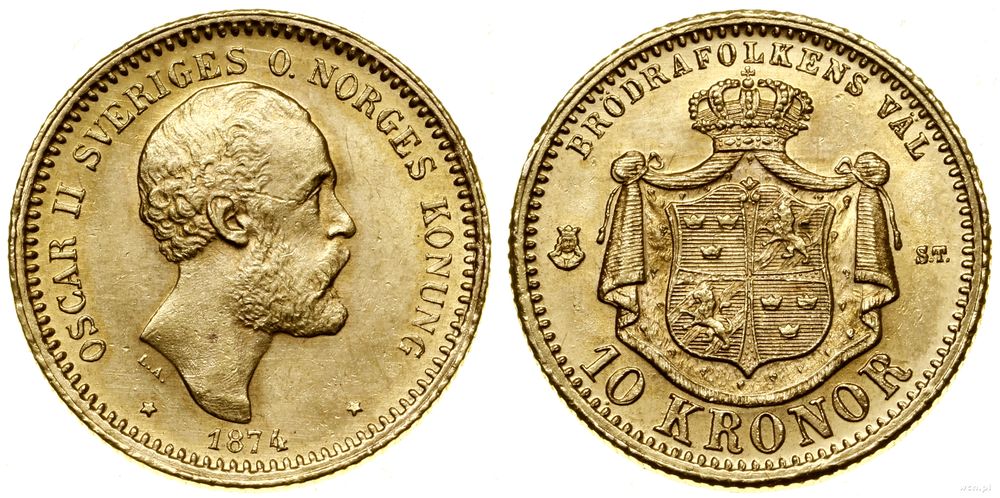 Szwecja, 10 koron, 1874 ST