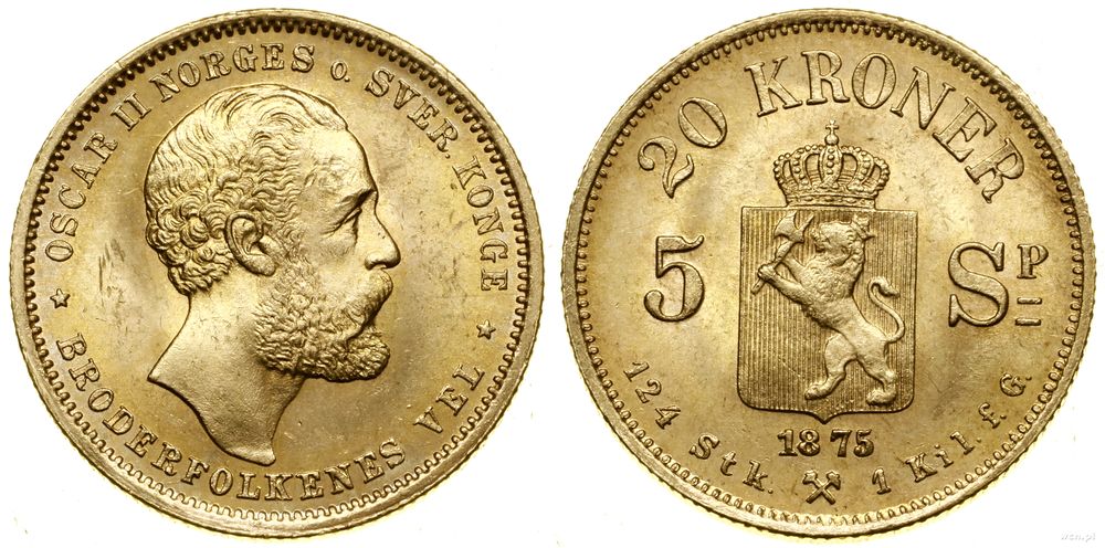 Norwegia, 5 Speciedaler = 20 koron, 1875