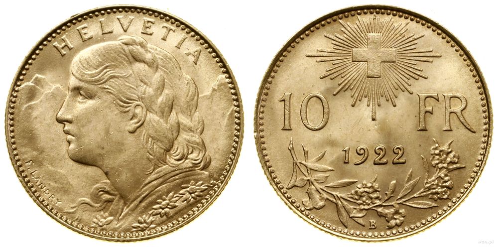 Szwajcaria, 10 franków, 1922 B