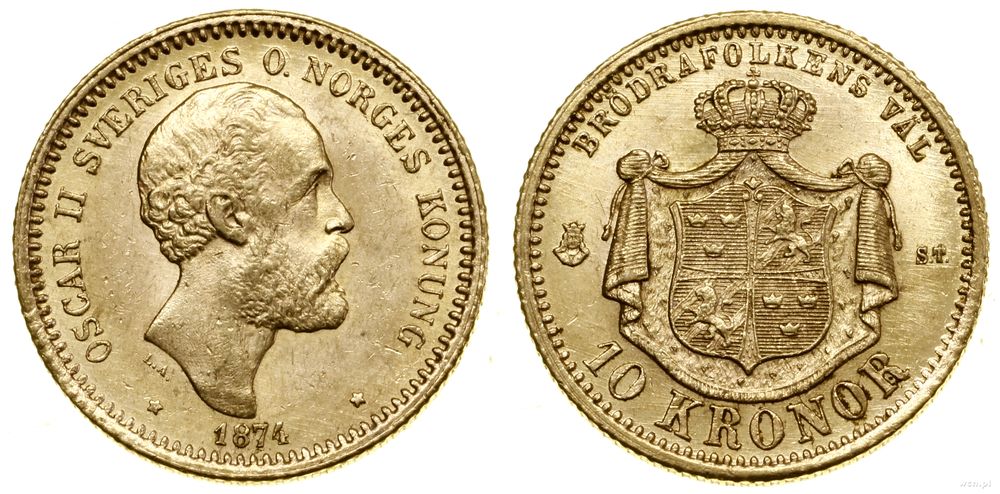 Szwecja, 10 koron, 1874 ST