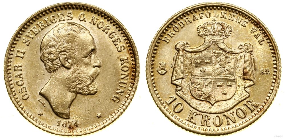 Szwecja, 10 koron, 1874 ST