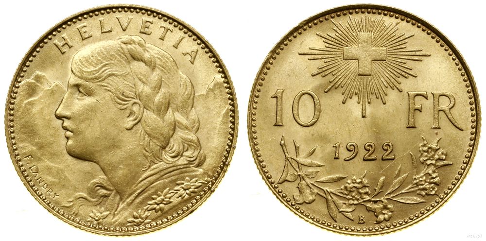 Szwajcaria, 10 franków, 1922 B