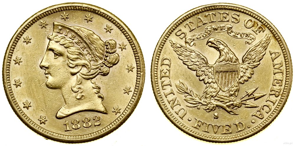 Stany Zjednoczone Ameryki (USA), 5 dolarów, 1882 S