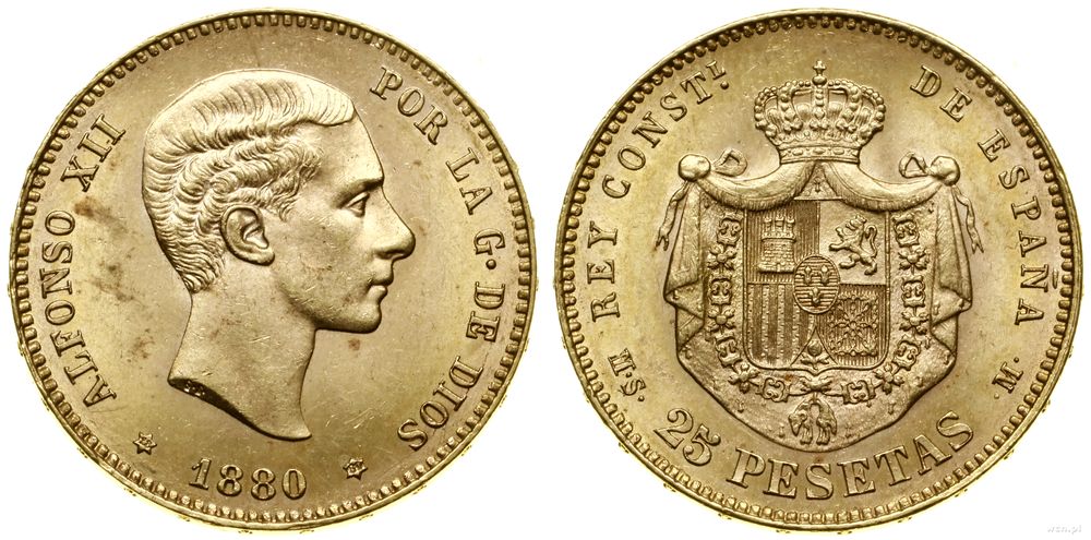 Hiszpania, 25 peset, 1880 MS-M (18-80)
