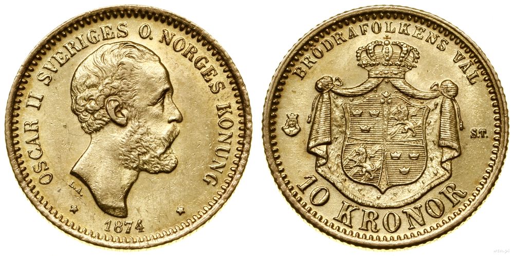 Szwecja, 10 koron, 1874 ST