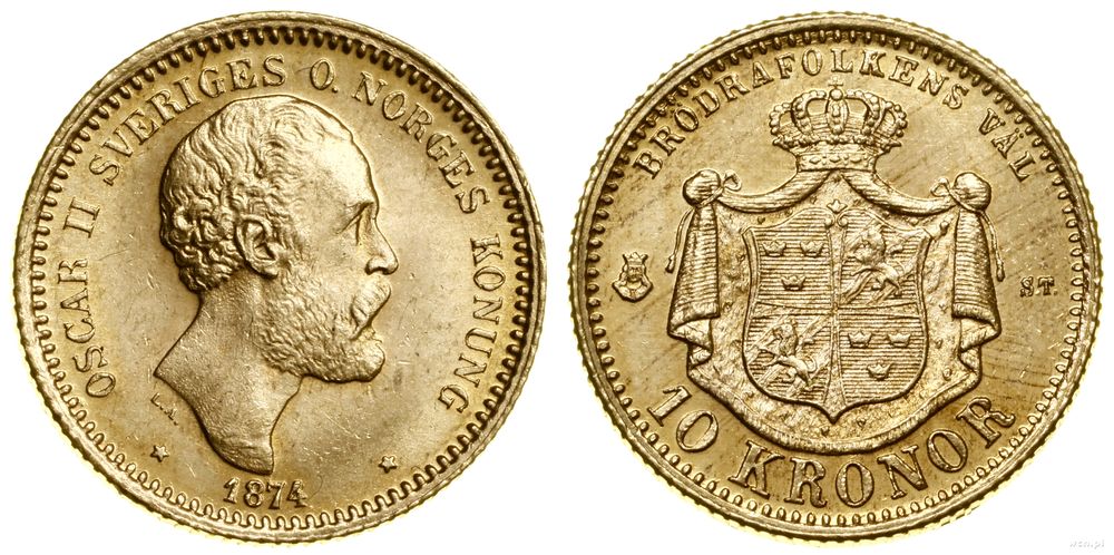 Szwecja, 10 koron, 1874 ST
