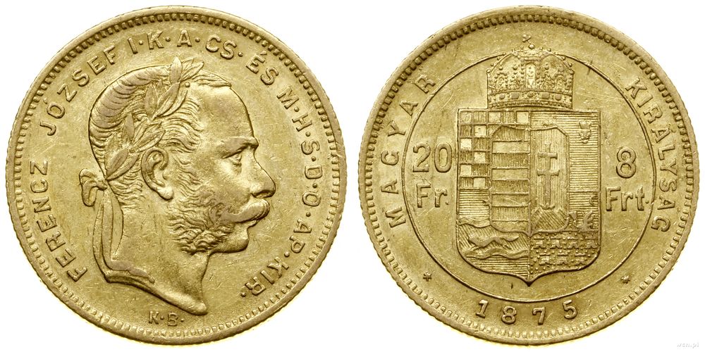 Węgry, 20 franków = 8 forintów, 1875 KB