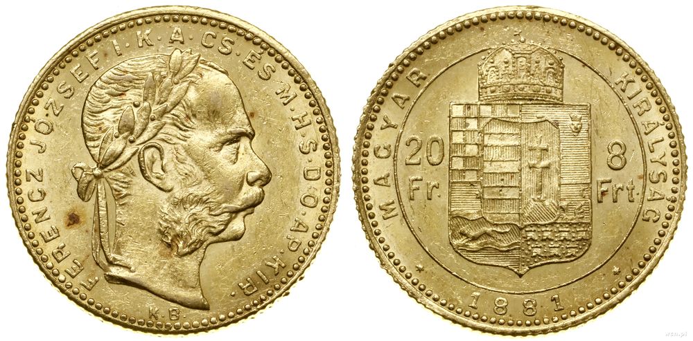Węgry, 20 franków = 8 forintów, 1881 KB