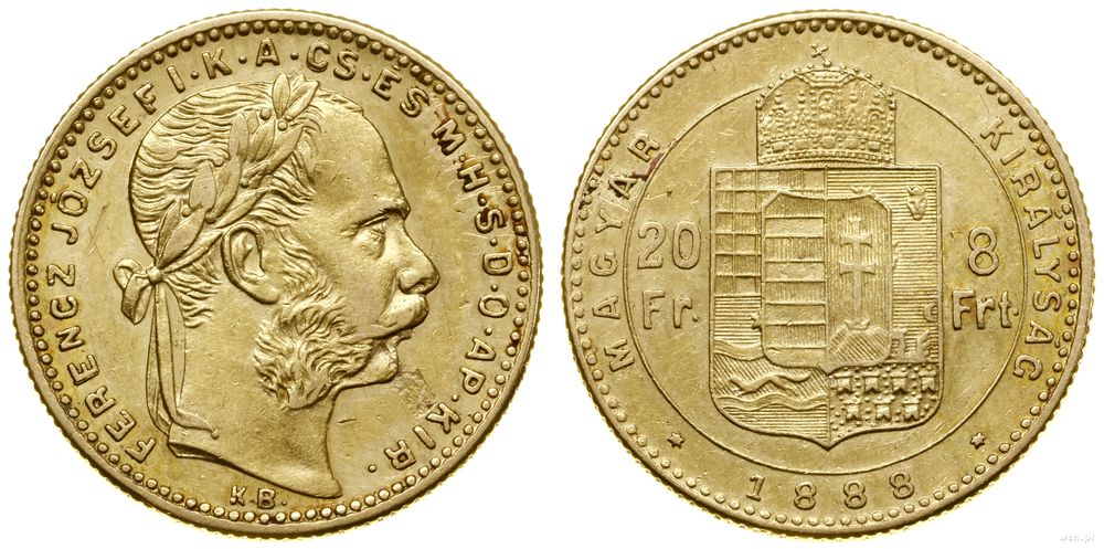 Węgry, 20 franków = 8 forintów, 1888 KB