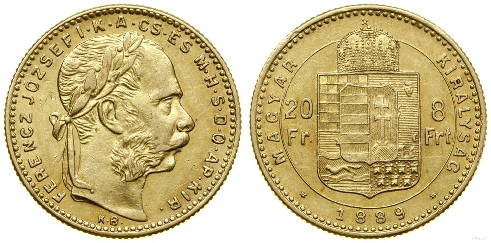 Węgry, 20 franków = 8 forintów, 1889 KB