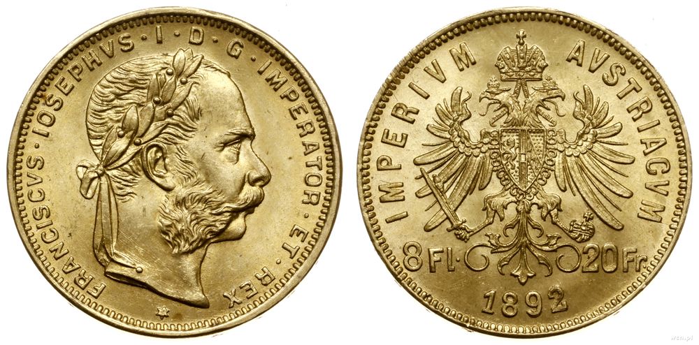 Austria, 8 florenów = 20 franków, 1892