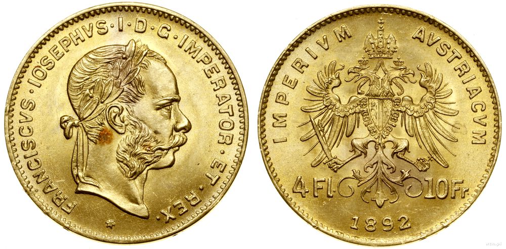 Austria, 4 floreny = 10 franków, 1892