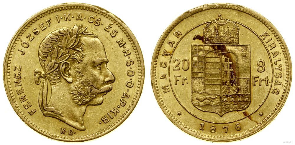 Węgry, 20 franków = 8 forintów, 1876 KB
