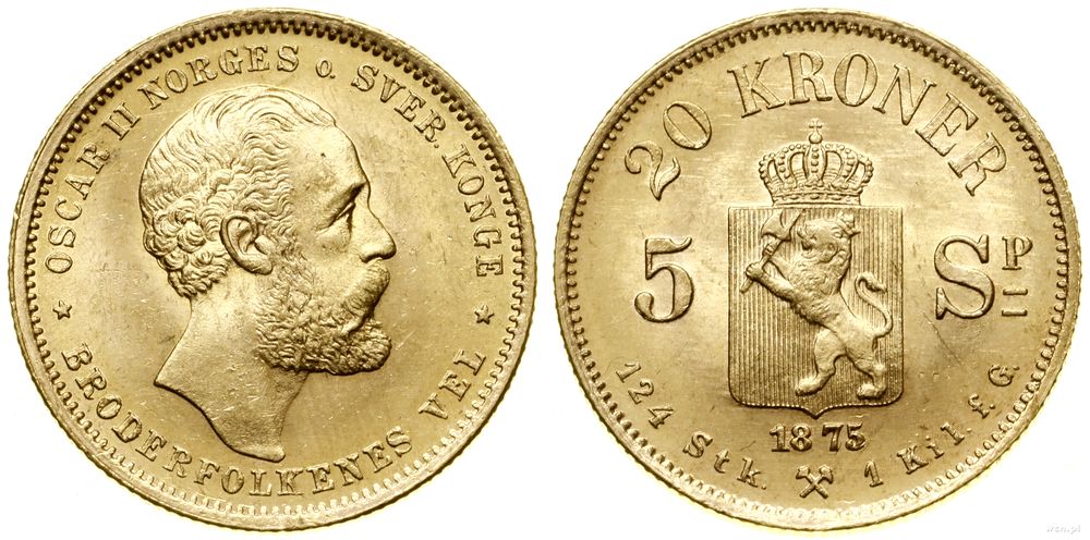 Norwegia, 5 Speciedaler = 20 koron, 1875