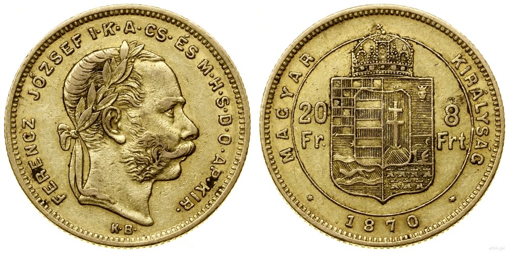 Węgry, 20 franków = 8 forintów, 1870 KB