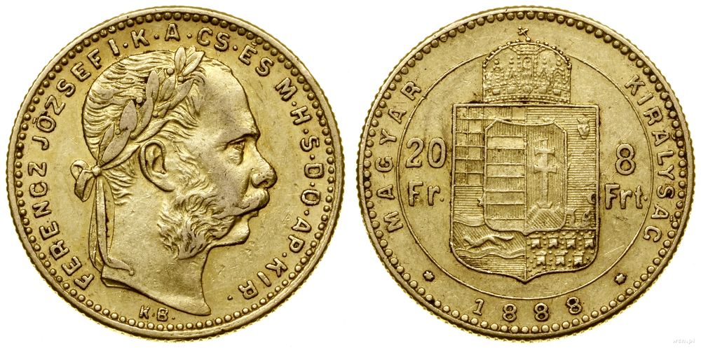 Węgry, 20 franków = 8 forintów, 1888 KB